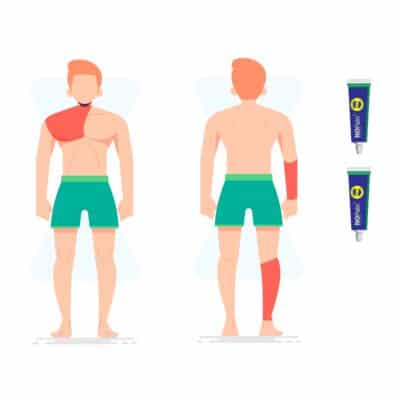 How Many Creams Do i Need? - Illustration of the areas a 2 pack of numbing cream will be able to cover. Chest, shoulder, forearm and calf in a red outline