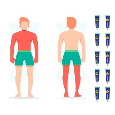 How Many Creams Do i Need? - Illustration of the areas a 10 pack of numbing cream will be able to cover. Entire upper body and legs in a red outline