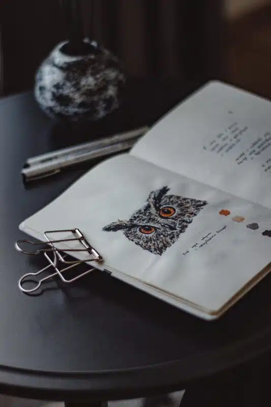 How to become a tattoo artist. tattoo artist. a sketching book on a table with an owl sketched on it.