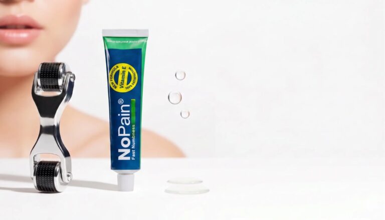 Product image of a NoPain anaesthetic cream sitting on a white table next to a silver dermaroller. In the background, the lower half of a woman’s face and floating water droplets are visible, creating a clean and clinical look.
