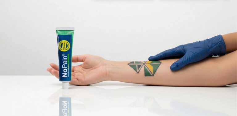 NoPain numbing cream tube sitting on a white table next to a person's tattooed forearm. A gloved hand rests on the forearm, with a seamless white background.