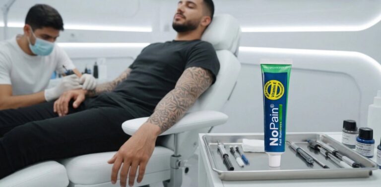 An image of a man getting a tattoo in a modern, white studio, with a tube of "NoPain" numbing cream standing prominently on a metal tray in the foreground.
