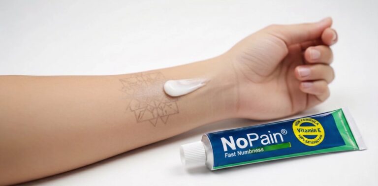Applying NoPain numbing cream on an arm before a tattoo