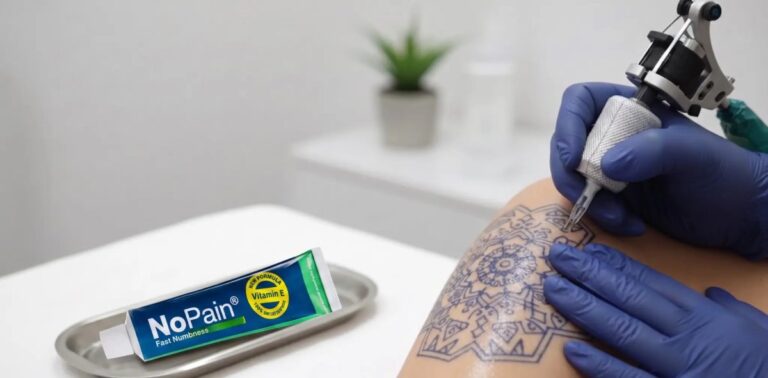 Tattoo artist applying a mandala design with NoPain numbing cream nearby