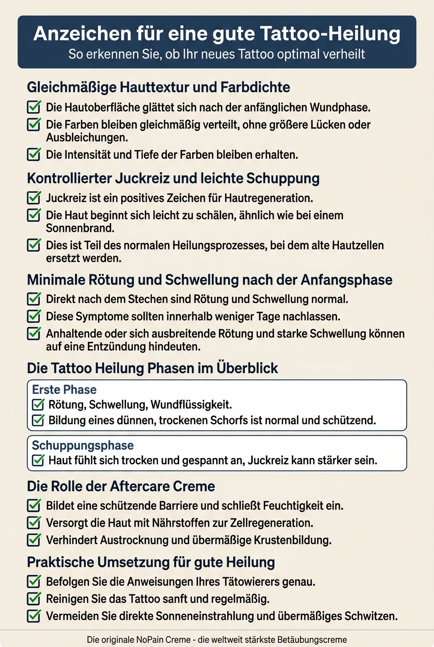 Infografik, die die verschiedenen Phasen der Tattoo-Heilung und die Anzeichen für eine gute Heilung visuell darstellt.