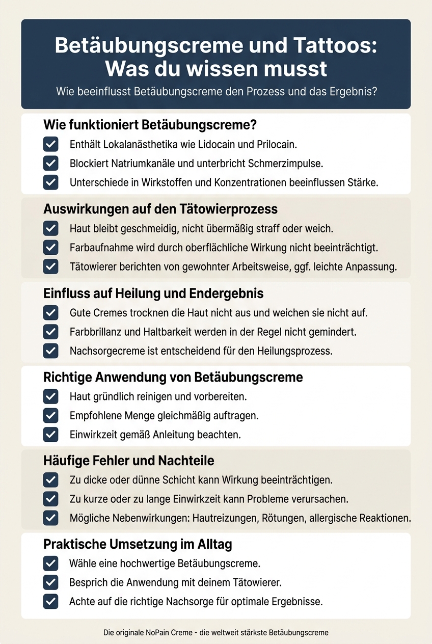 Infografik, die erklärt, wie Betäubungscreme die Haut vor dem Tätowieren beeinflusst und welche Wirkstoffe enthalten sind.