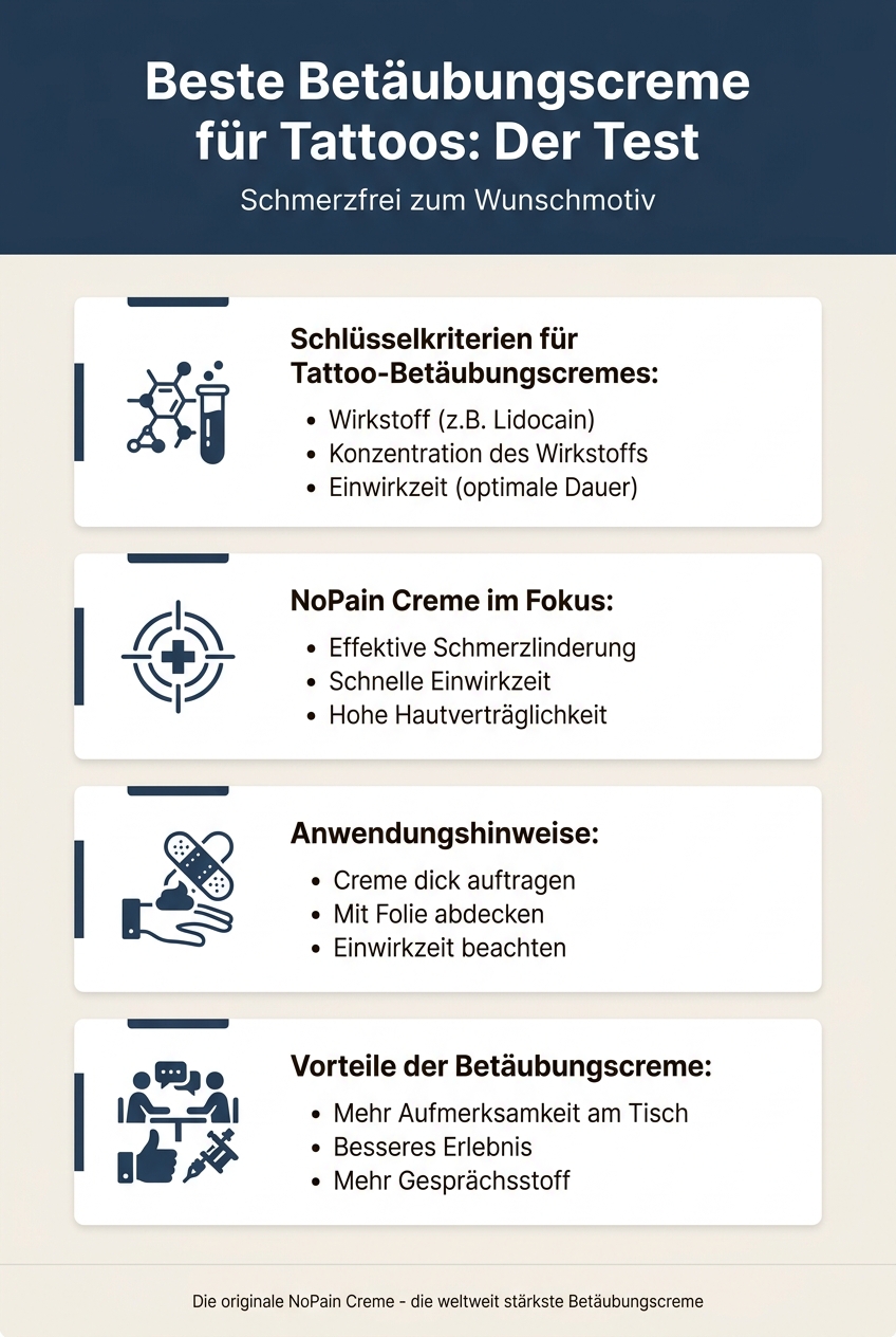 Infografik, die die wichtigsten Kriterien für die Auswahl der besten Betäubungscreme für Tattoos detailliert darstellt.