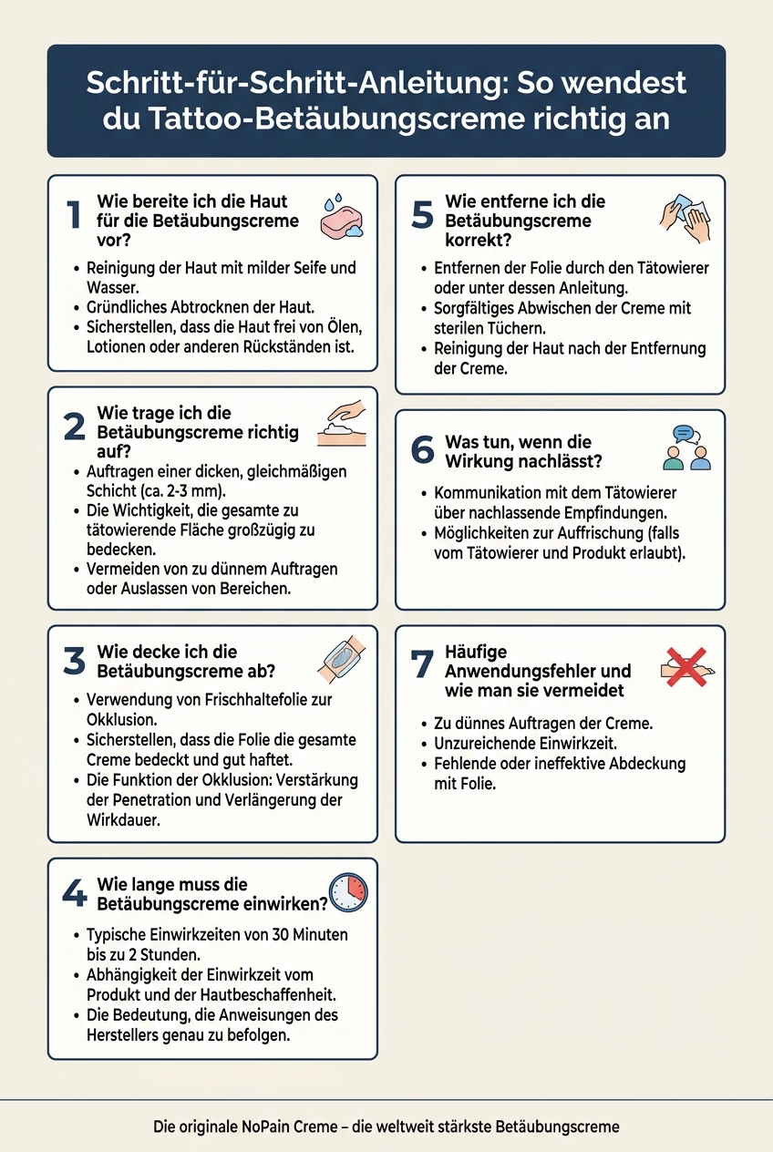 Infografik zeigt die wichtigsten Schritte zur korrekten Anwendung von Betäubungscreme für Tattoos, von der Hautvorbereitung bis zur Einwirkzeit.
