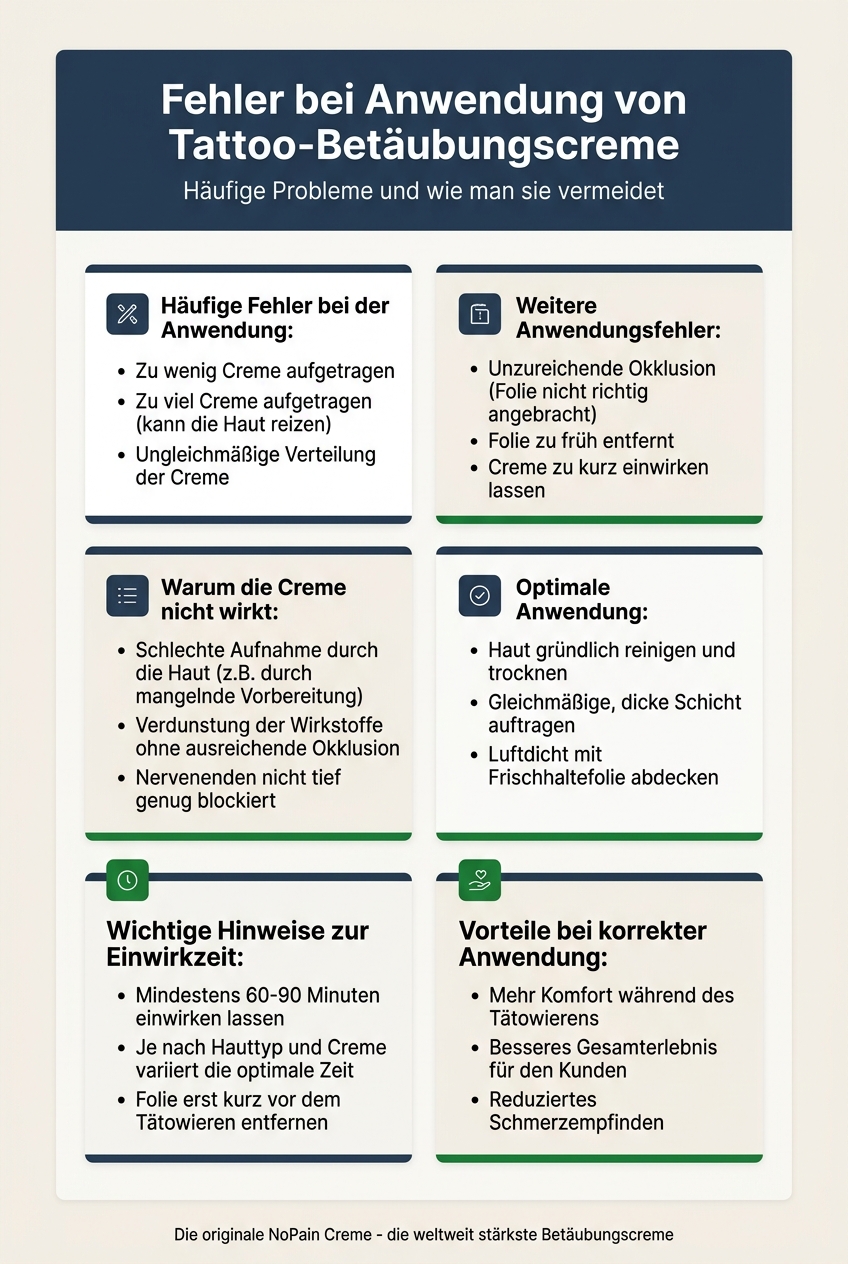 Infografik, die die 7 häufigsten Fehler bei der Anwendung von Tattoo-Betäubungscreme und deren Lösungen darstellt.