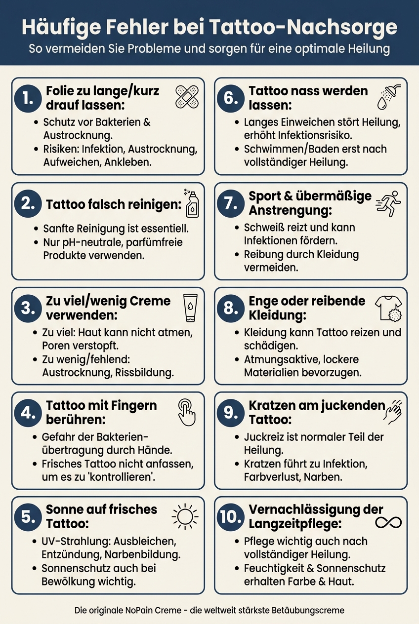 Infografik, die häufige Fehler bei der Tattoo-Nachsorge und deren Auswirkungen auf die Heilung und das Endergebnis visuell darstellt.