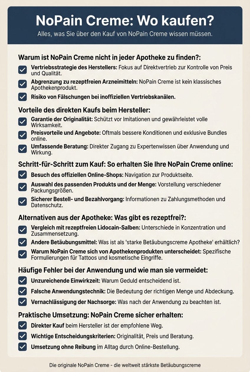 Infografik, die die Vorteile des direkten Kaufs von NoPain Creme beim Hersteller im Vergleich zur Apotheke hervorhebt.