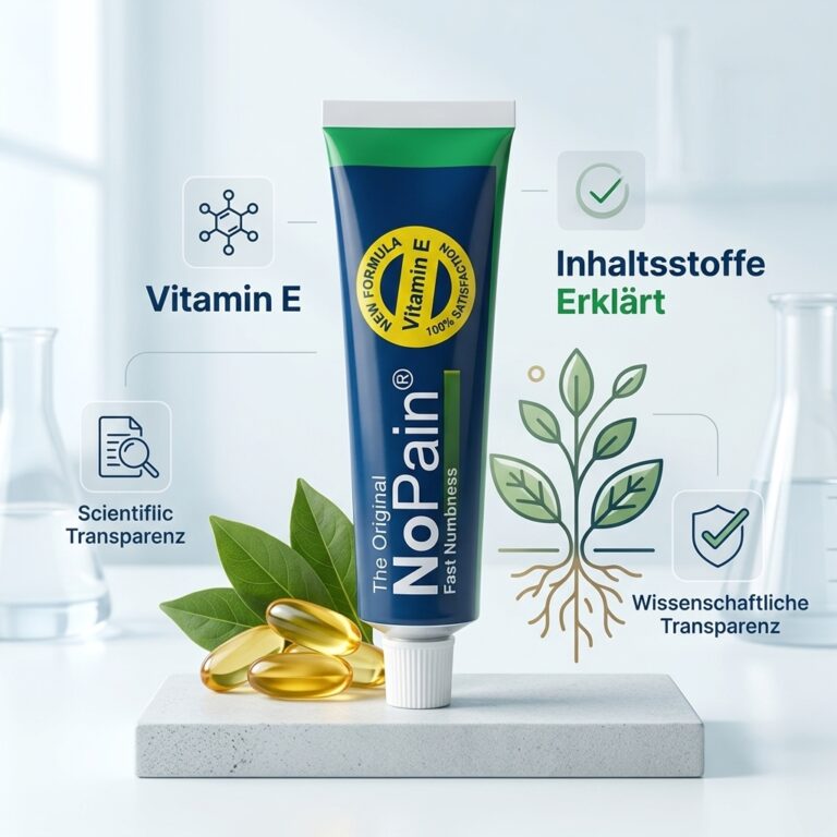Nahaufnahme der NoPain Creme Tube mit klarer Beschriftung, die die Inhaltsstoffe erklärt.