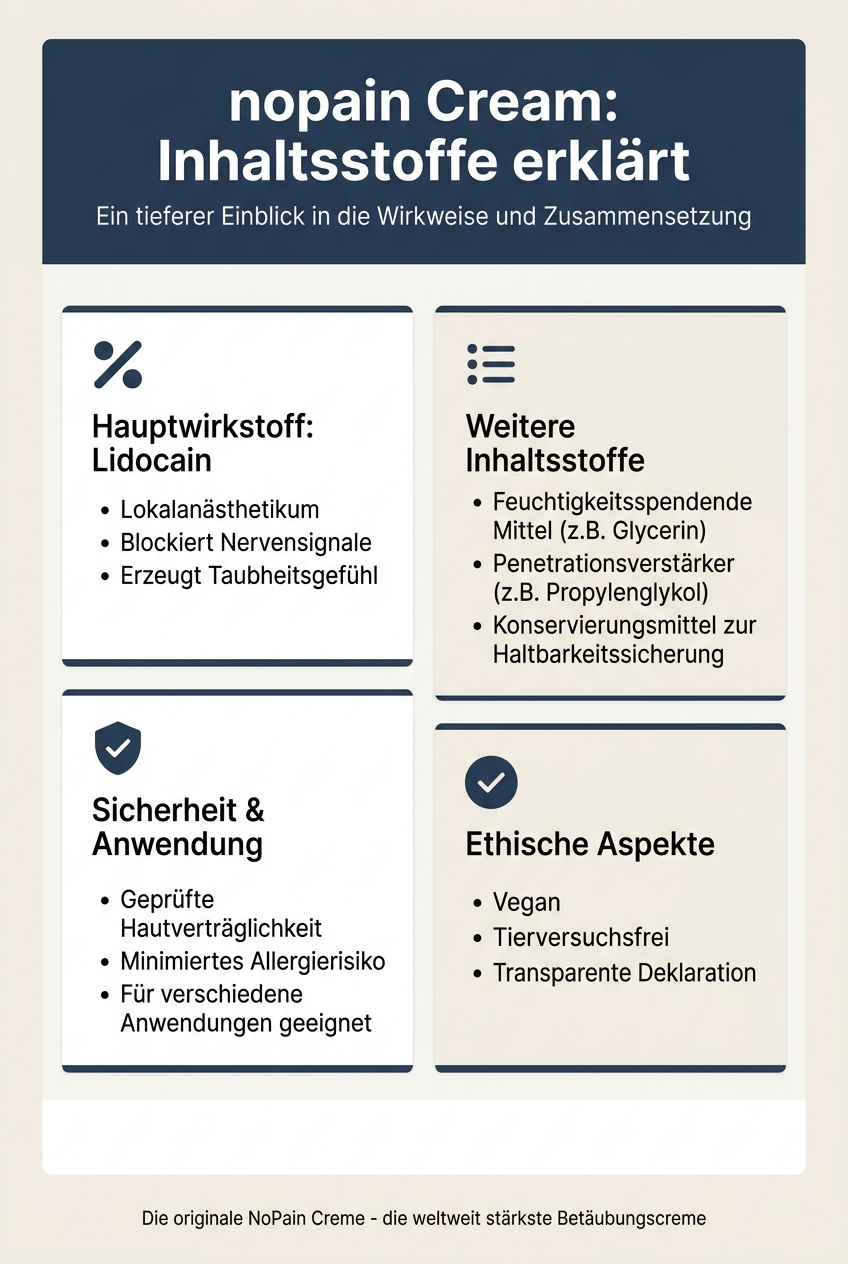 Infografik, die die Hauptwirkstoffe der NoPain Creme und ihre Funktionen visuell darstellt.