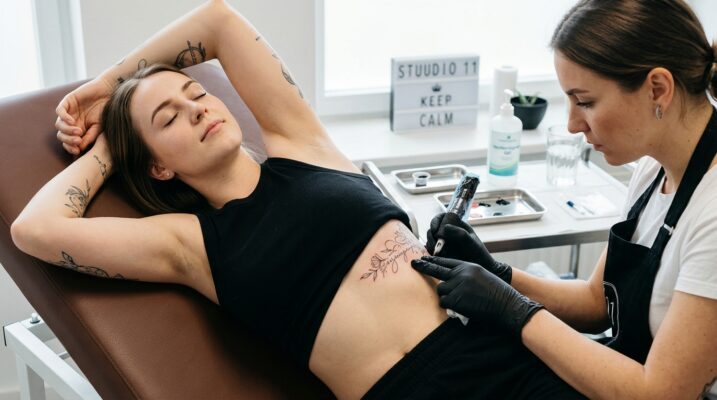Eine Person mit einem detaillierten Rippen-Tattoo, das die Schmerzen beim Stechen zeigt und wie man sie lindern kann.