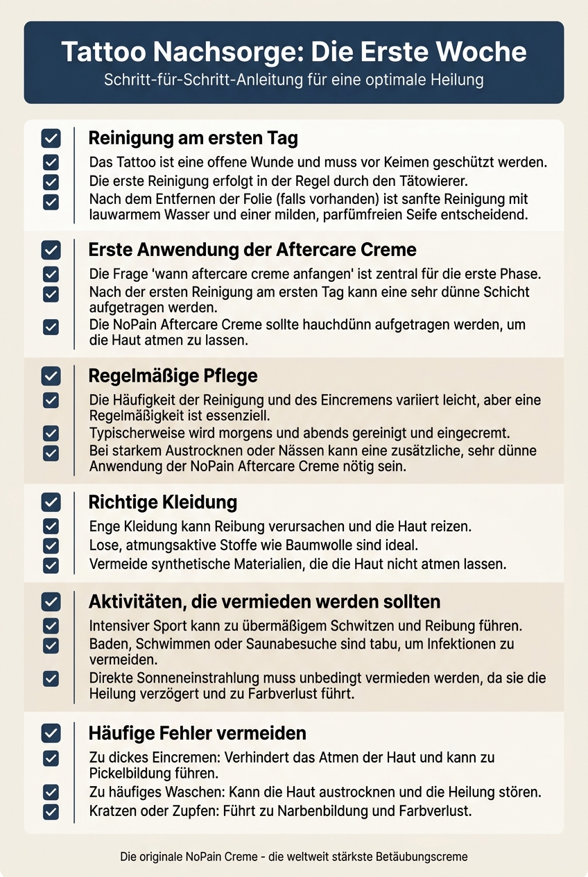 Infografik, die den Tattoo-Nachsorge-Ablauf der ersten Woche Schritt für Schritt erklärt.