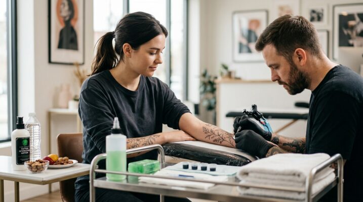 Person mit einem großen, detaillierten Tattoo auf dem Arm, das auf eine lange Tattoo-Sitzung hindeutet.