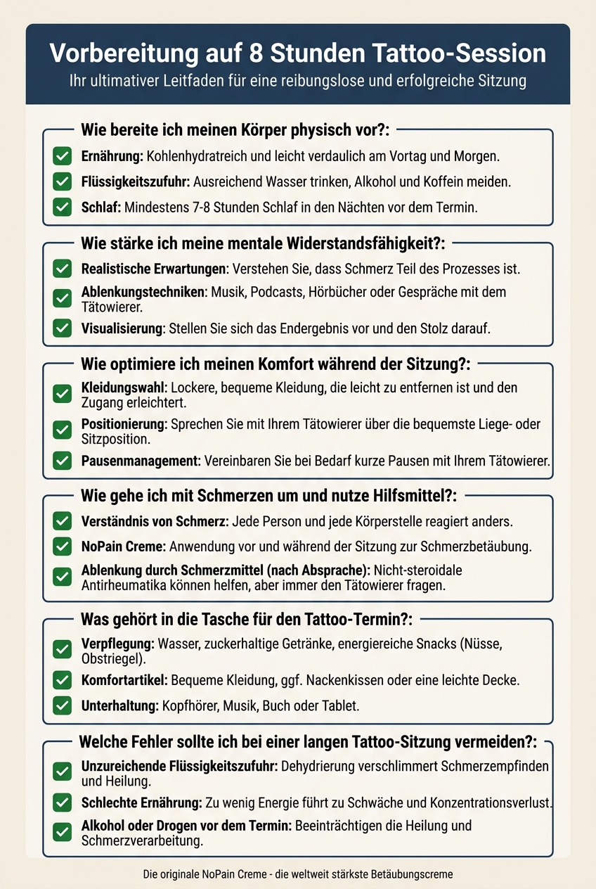 Infografik mit Tipps zur Vorbereitung auf eine 8-stündige Tattoo-Sitzung, einschließlich Ernährung und Schlaf.