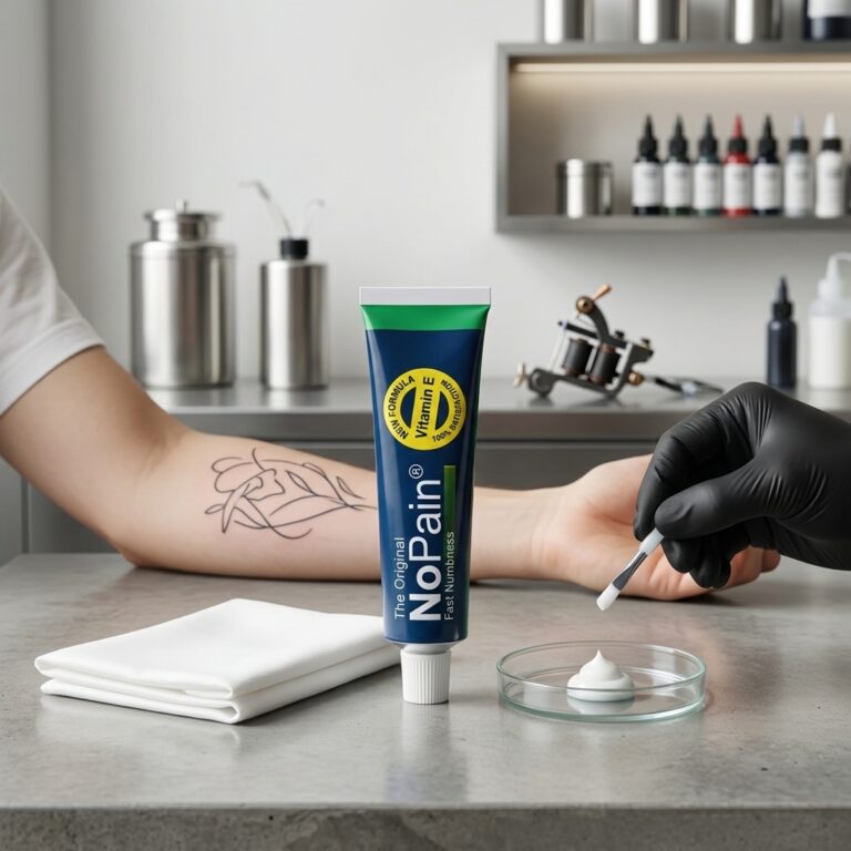 Mann mit einem detaillierten Tattoo auf dem Unterarm, das mit Betäubungscreme vorbereitet wird.