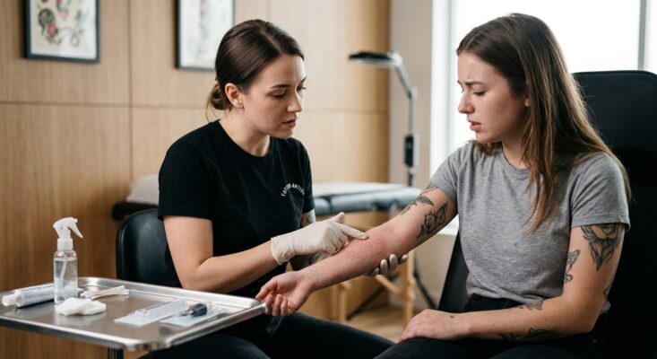 Eine Person mit einem neuen Tattoo, die eine beruhigende Salbe auf die betroffene Stelle aufträgt, um eine allergische Reaktion auf Tattoo-Betäubungscreme zu behandeln.