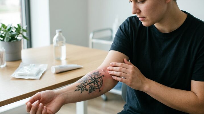 Nahaufnahme eines frisch gestochenen Tattoos mit deutlicher Rötung, was auf mögliche Anzeichen einer Tattoo-Infektion hinweist.