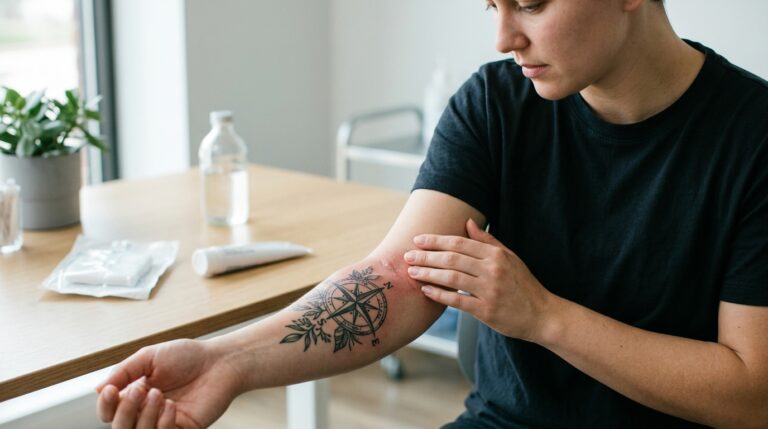 Nahaufnahme eines frisch gestochenen Tattoos mit deutlicher Rötung, was auf mögliche Anzeichen einer Tattoo-Infektion hinweist.