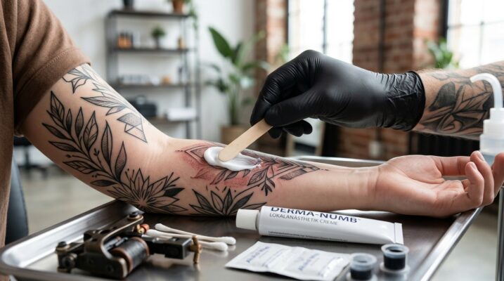 Eine Person trägt Betäubungscreme auf ihren Arm auf, um sich auf eine lange Tattoo-Sitzung vorzubereiten.