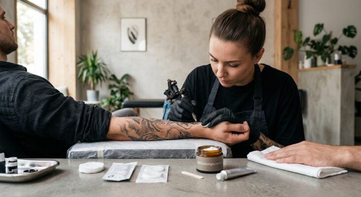Eine Person mit einem detaillierten Tattoo, das mit Betäubungscreme für Tattoo Nachstechen vorbereitet wird, um den Prozess angenehmer zu gestalten.