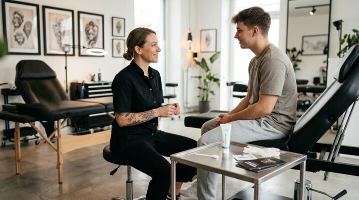 Ein Tattoo-Künstler trägt Betäubungscreme auf die Haut eines Kunden auf, um Schmerzen während des Tätowierens zu reduzieren.