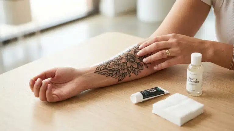 A person carefully applying a gentle ointment to a freshly inked, colorful tattoo on their arm, avoiding common mistakes.