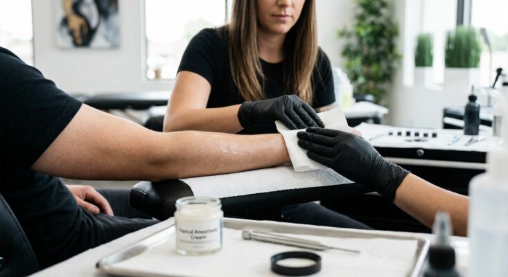 Close-up of a tattoo artist applying ink to skin, with a tube of numbing cream nearby.