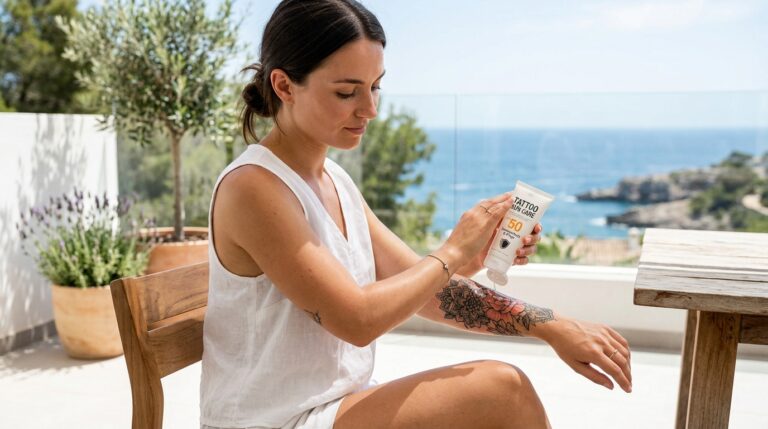 Eine Person mit einem frischen, bunten Tattoo am Arm, das im Sommer vor der Sonne geschützt wird.