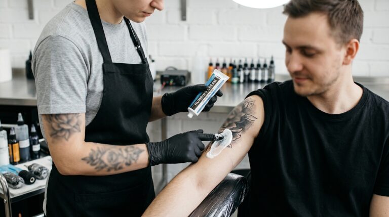 Close-up of a hand applying thick tattoo numbing cream to skin before a tattoo session.