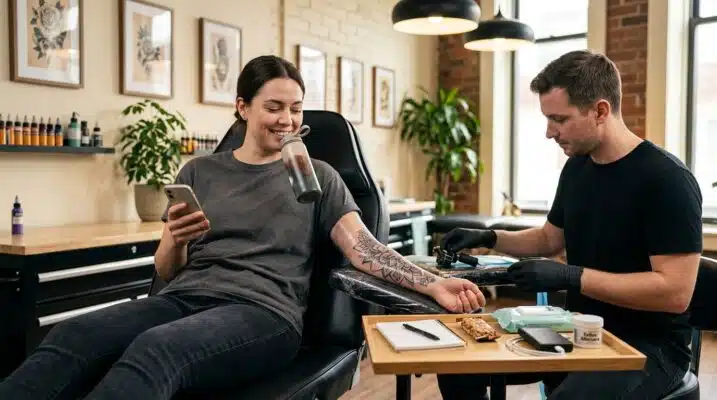 Person planning for a long tattoo session with a checklist and comfortable attire, ready for an extended appointment.