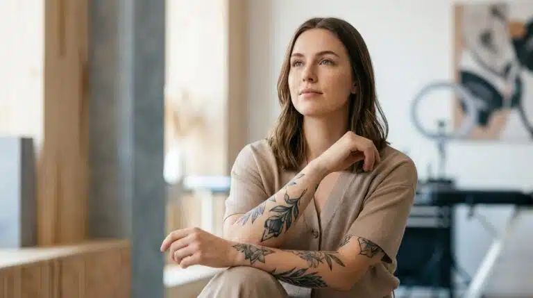 Eine Person, die sich auf eine Tattoo-Sitzung vorbereitet, mit Fokus auf mentale Stärke und Schmerzbewältigung.