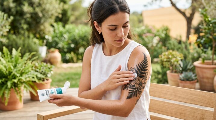 Mann mit neuem, frisch gestochenem Tattoo am Arm, das mit Kleidung vor der Sonne geschützt wird.
