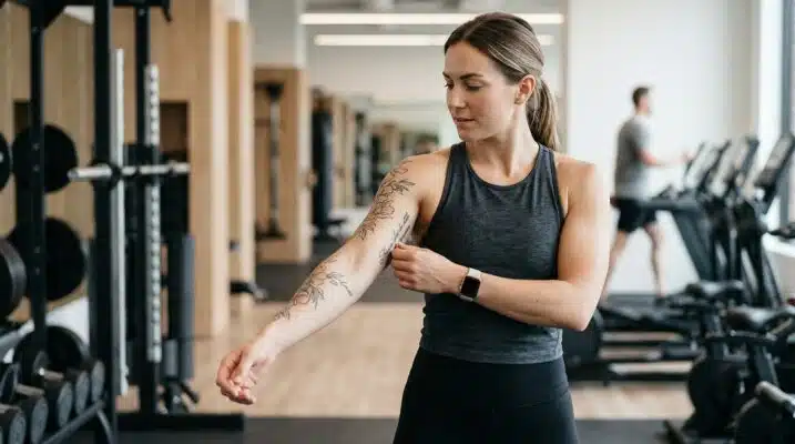 Eine Person mit einem frischen Tattoo am Arm, die vorsichtig eine Hantel hebt, um den Sport nach dem Tattoo zu thematisieren.