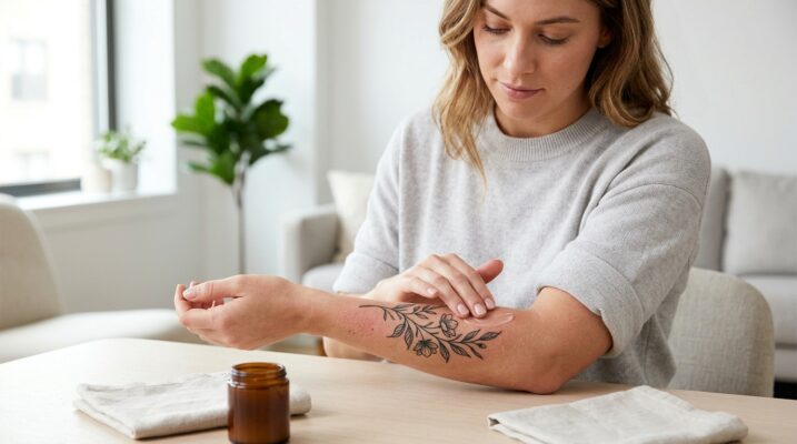 Ein frisches Tattoo auf dem Arm, das nach einer Woche leicht juckt und gepflegt wird.