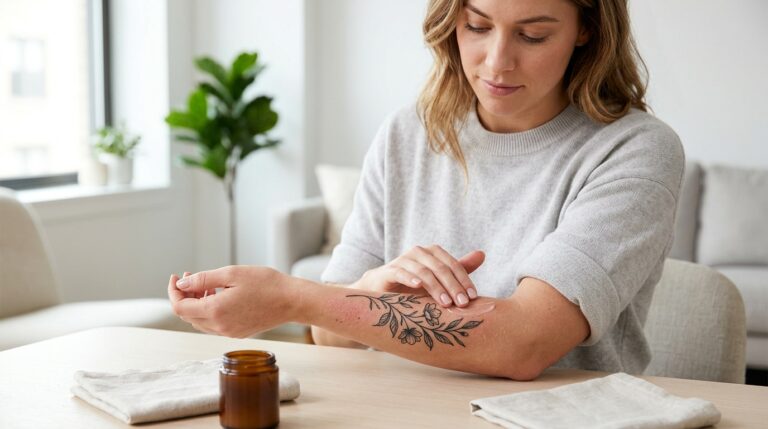 Ein frisches Tattoo auf dem Arm, das nach einer Woche leicht juckt und gepflegt wird.