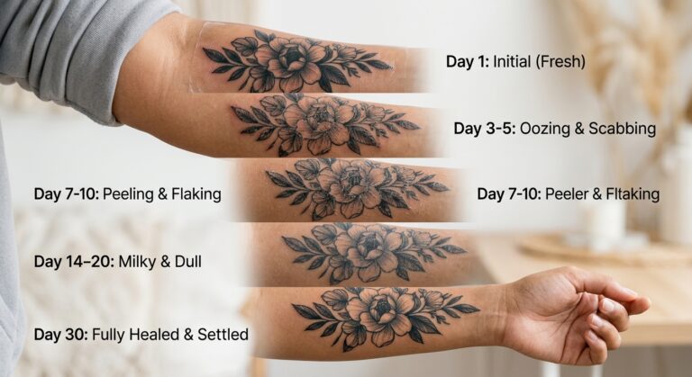 A visual timeline illustrating the different stages of tattoo healing, from day 1 to day 30.