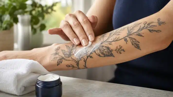An adult gently applying moisturiser to a fully healed botanical tattoo on their forearm